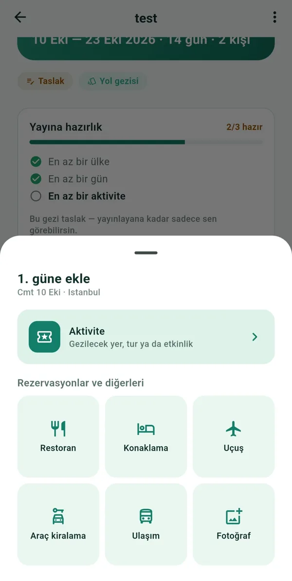 Pacingo app screen: Add to a day: activity, stay, flight…