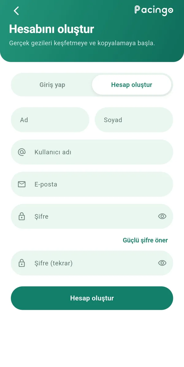 Pacingo app screen: Quick sign-up